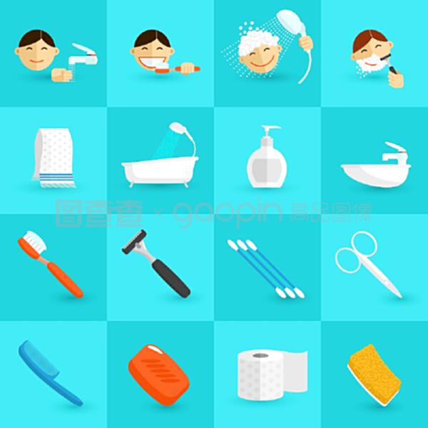 个人卫生图标与浴室化妆品单片图示在产品展示中的应用